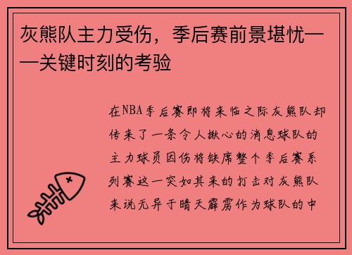 灰熊队主力受伤，季后赛前景堪忧——关键时刻的考验